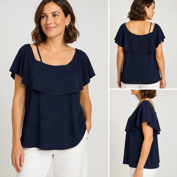 Banana Republic Tops - Banana Republic XL Navy Flutter Overlay Blouse Short Sleeve Stretch Top